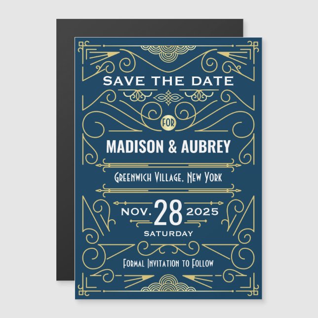 Art Deco Save the Date Hochzeit Magneteinladung (Vorne/Hinten)
