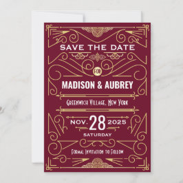 Art Deco Save the Date Wedding Gold Burgundy Einladung