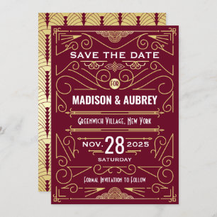 Art Deco Save the Date Wedding Gold Burgundy Einladung