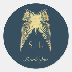 Art Deco Schmetterling Monogramm "Danke" Runder Aufkleber