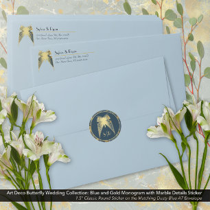 Art Deco Schmetterlings-Monogramm Blau Gold Marmor Runder Aufkleber