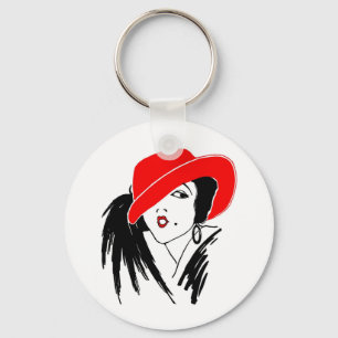 Art Deco Schöne Frau Red Hat Schlüsselanhänger