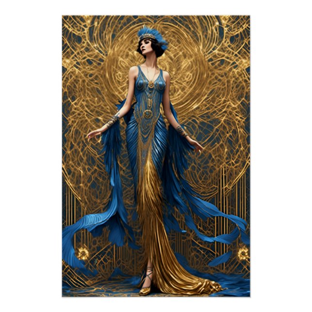 Art Deco Schöne Frauen Blau und Gold Poster (Vorderseite)