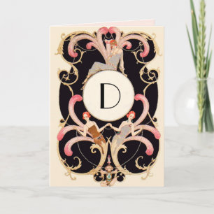 ART DECO SCHÖNHEIT MODE ROTER EDELSTEIN MONOGRAMM KARTE