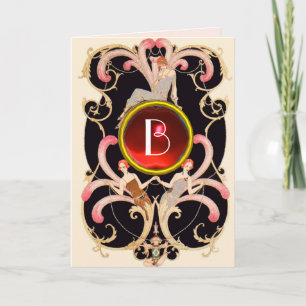 ART DECO SCHÖNHEIT MODE ROTER EDELSTEIN MONOGRAMM KARTE