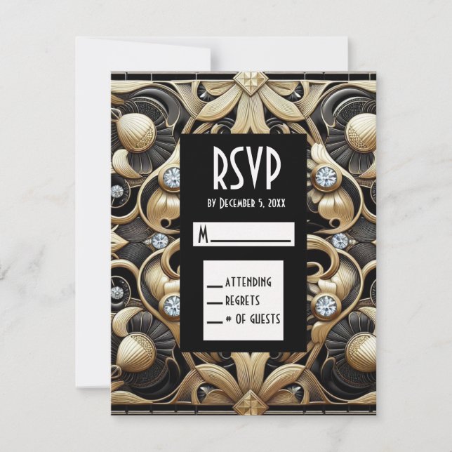 Art Deco Schwarz & Gold Diamant RSVP Karten (Vorderseite)