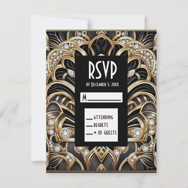 Art Deco Schwarz & Gold Diamant RSVP Karten (Vorderseite)