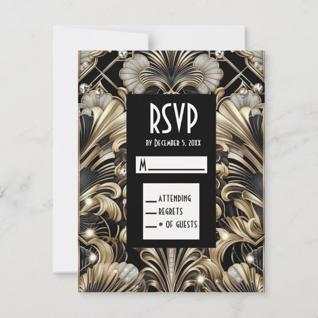 Art Deco Schwarz & Gold Diamant RSVP Karten (Vorderseite)