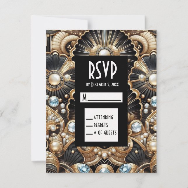 Art Deco Schwarz & Gold Diamant RSVP Karten (Vorderseite)