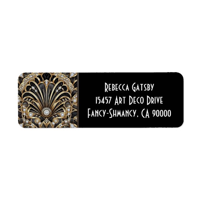 Art Deco Schwarz & Gold Diamant Rücksendeadresse (Vorne)
