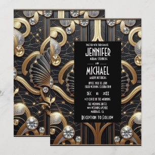 Art Deco Schwarz & Gold Diamantene Hochzeits-Einla Einladung