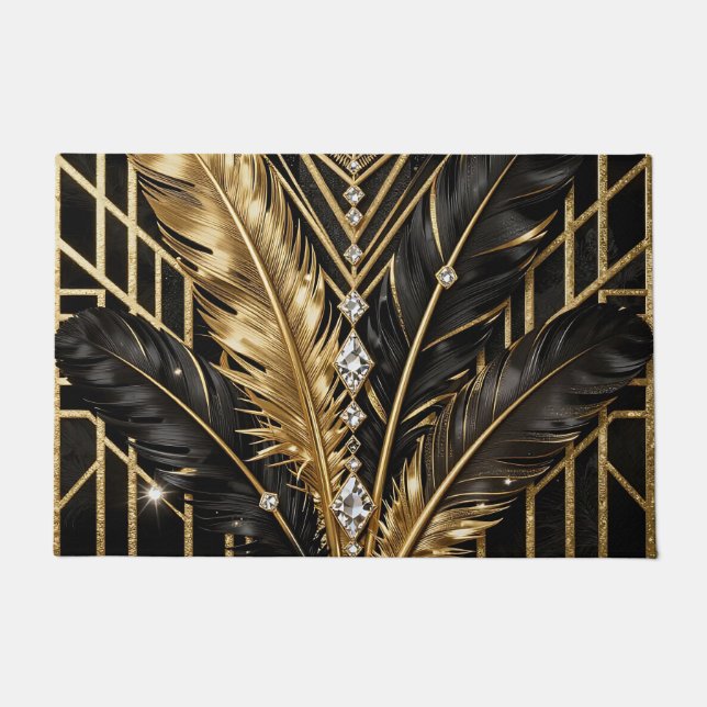 Art Deco Schwarz Gold Federn Fußmatte (Vorderseite)