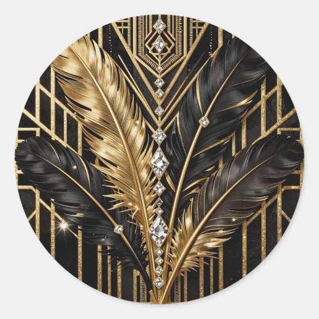 Art Deco Schwarz Gold Federn Runder Aufkleber (Vorderseite)