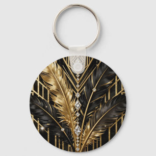 Art Deco Schwarz Gold Federn Schlüsselanhänger