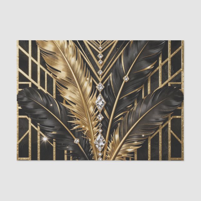 Art Deco Schwarz Gold Federn Seidenpapier (Vorderseite)