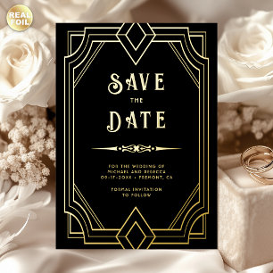 Art Deco Schwarz Gold Hochzeit Save the Date Folieneinladung