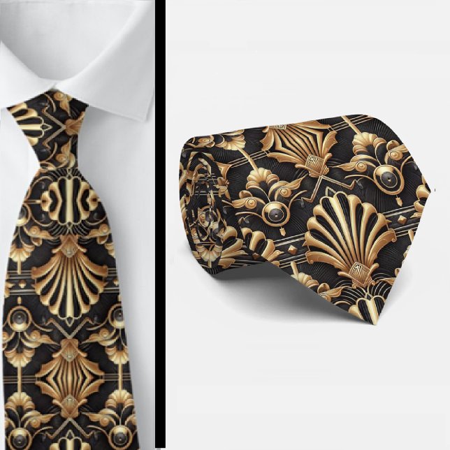 Art Deco Schwarz-Gold-Muschel-Muster Krawatte (Von Creator hochgeladen)