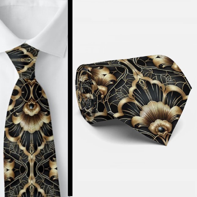 Art Deco Schwarz-Gold-Muschel-Muster Krawatte (Von Creator hochgeladen)