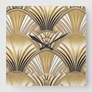Art Deco Schwarz Gold Quadratische Wanduhr
