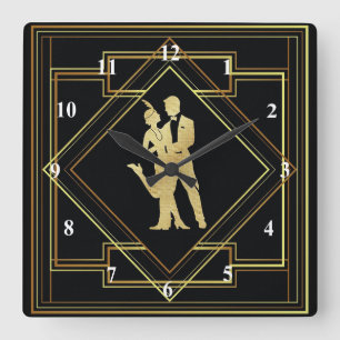 Art Deco schwarz-goldene Flapper 1920er Jahre Vint Quadratische Wanduhr