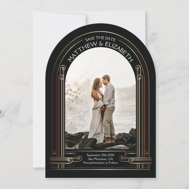 Art Deco Schwarz und Bronze Bogen Save-the-Date Einladung (Vorderseite)