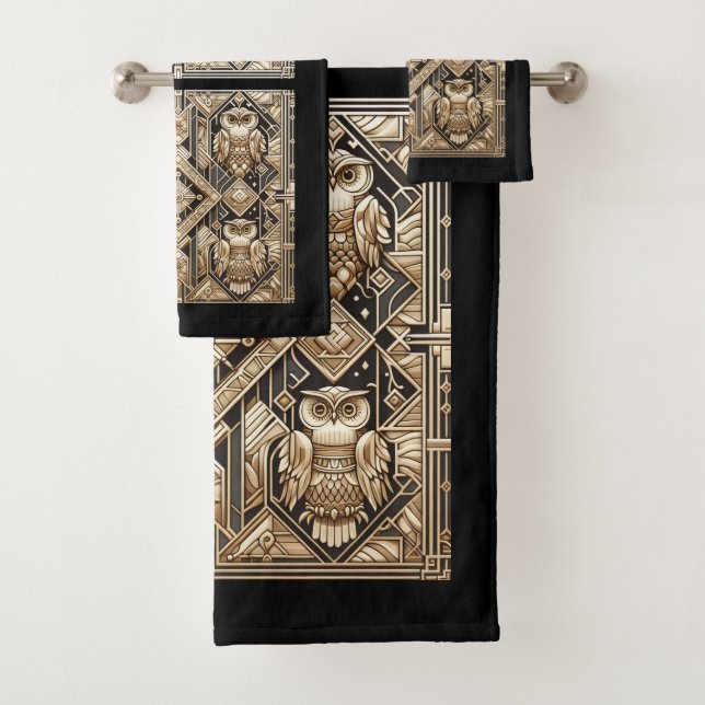 Art Deco Schwarz und Gold Eule Badhandtuch Set (Insitu)