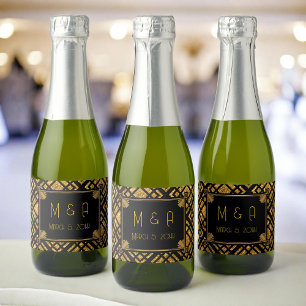 Art Deco Schwarz und Gold Hochzeit Mini Wine Label
