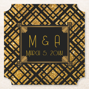 Art Deco Schwarz und Gold Hochzeitsticket Unterset Untersetzer