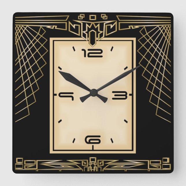 Art Deco, schwarz und gold Quadratische Wanduhr (Vorderseite)