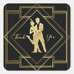 Art Deco schwarz und gold roaring 20 danke Quadratischer Aufkleber