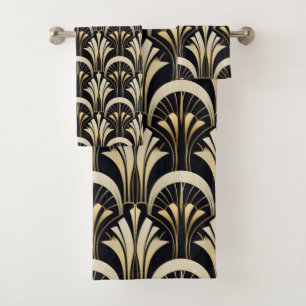 Art Deco Schwarz und Gold symmetrisch Badhandtuch Set