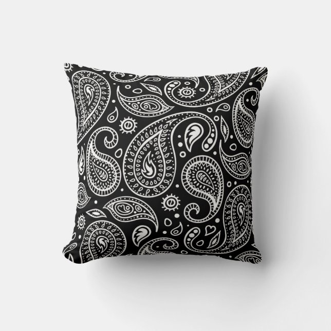 Art Deco Schwarz und Weiß Floral Paisley Muster Kissen (Vorderseite)