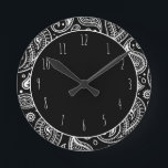 Art Deco Schwarz und Weiß Floral Paisley Muster Runde Wanduhr<br><div class="desc">Art Deco Schwarz und Weiß Floral Paisley Muster Runduhr</div>
