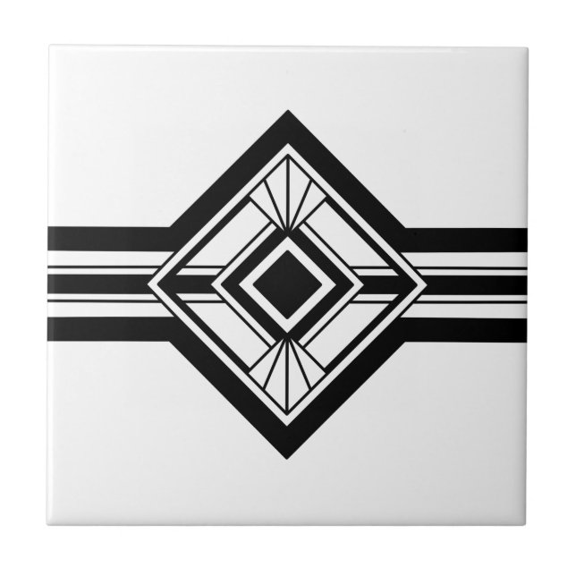 Art Deco Schwarz-weiß Elegante geometrische Grenze Fliese (Vorderseite)