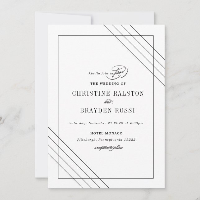 Art Deco Schwarz-weiß Hochzeit Einladung (Vorderseite)