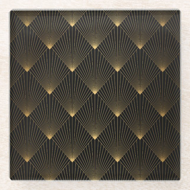 Art Deco: Schwarze Gold Elegance. Glasuntersetzer (Vorderseite)