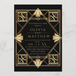 Art Deco Schwarze Hochzeit mit Goldrahmen Einladung