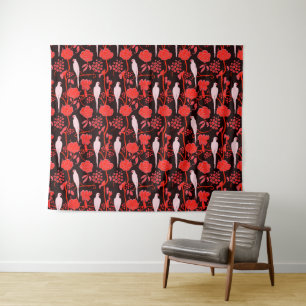 ART DECO SCHWARZE ROTE BLUMEN,WEIßE PAPAGEIEN Flor Wandteppich