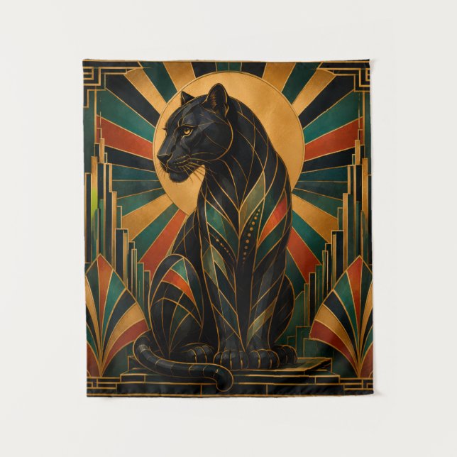 Art Deco Schwarzer Panther Wandteppich (Vorderseite)