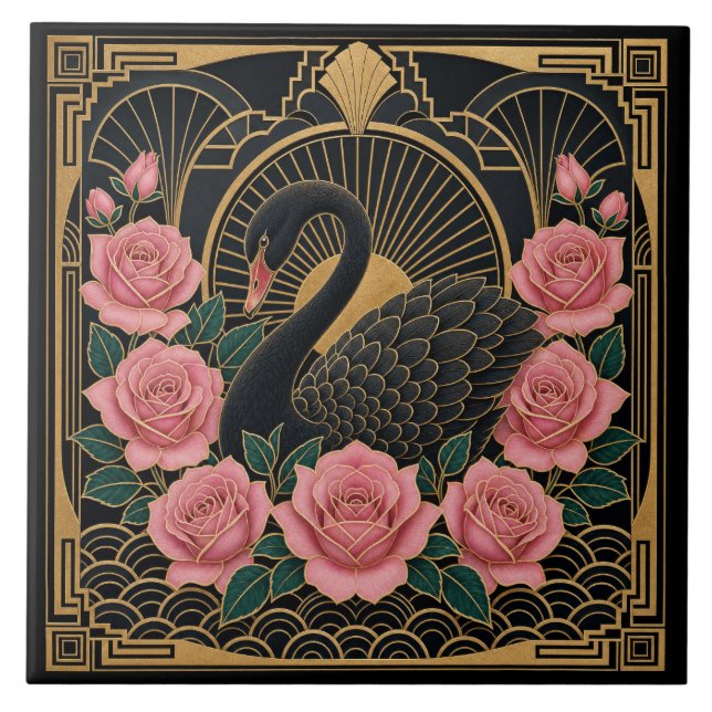 Art Deco Schwarzer Schwan und rosa Rosen Fliese (Vorderseite)