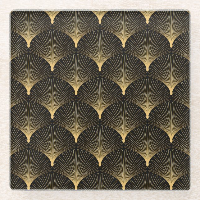 Art Deco: Schwarzes goldenes Muster. Glasuntersetzer (Vorderseite)
