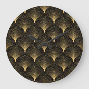 Art Deco: Schwarzes goldenes Muster. Große Wanduhr