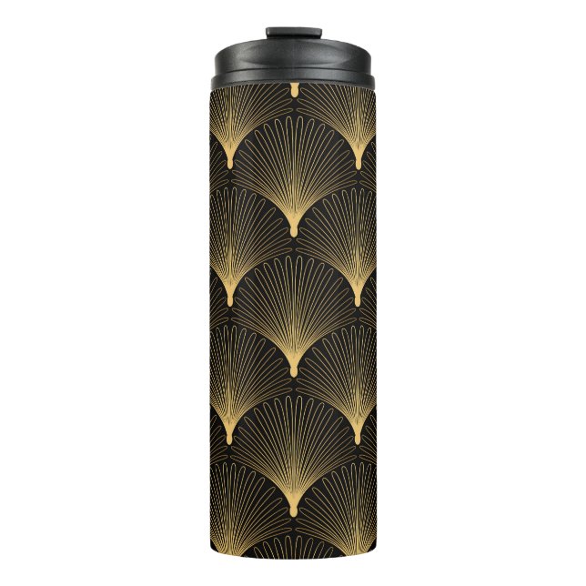 Art Deco: Schwarzes goldenes Muster. Thermosbecher (Vorderseite)