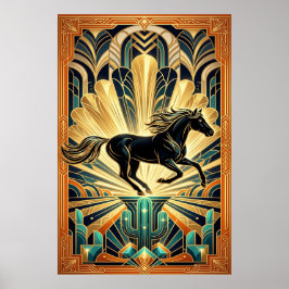 Art Deco Schwarzes Pferd Kaktus Palast Gold Türkis Poster