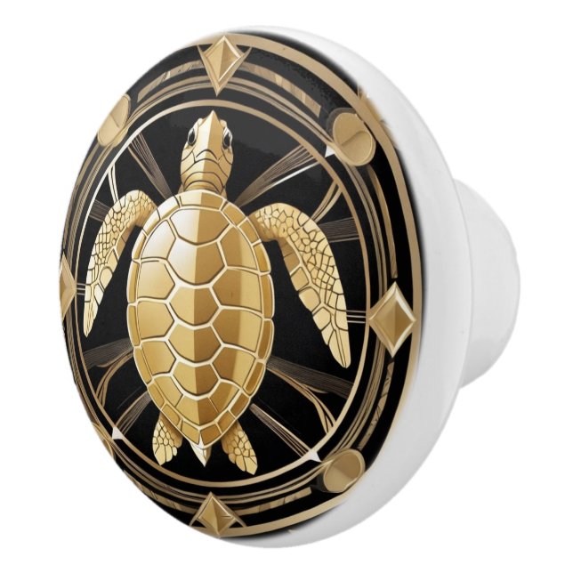 Art Deco Sea Turtle Black and Gold Ocean Themed Keramikknauf (Rechts)