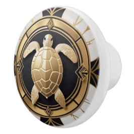 Art Deco Sea Turtle Schwarz-weißes Gold Keramikknauf