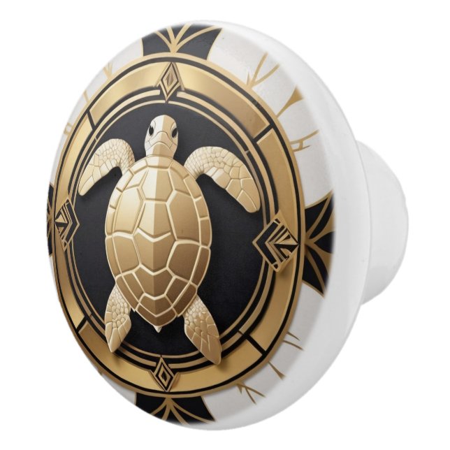 Art Deco Sea Turtle Schwarz-weißes Gold Keramikknauf (Rechts)