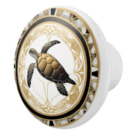 Art Deco Sea Turtle Schwarz-weißes Gold Keramikknauf