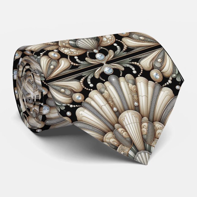 Art Deco Seashell Faux Diamond Faux Silk  Krawatte (Gerollt)