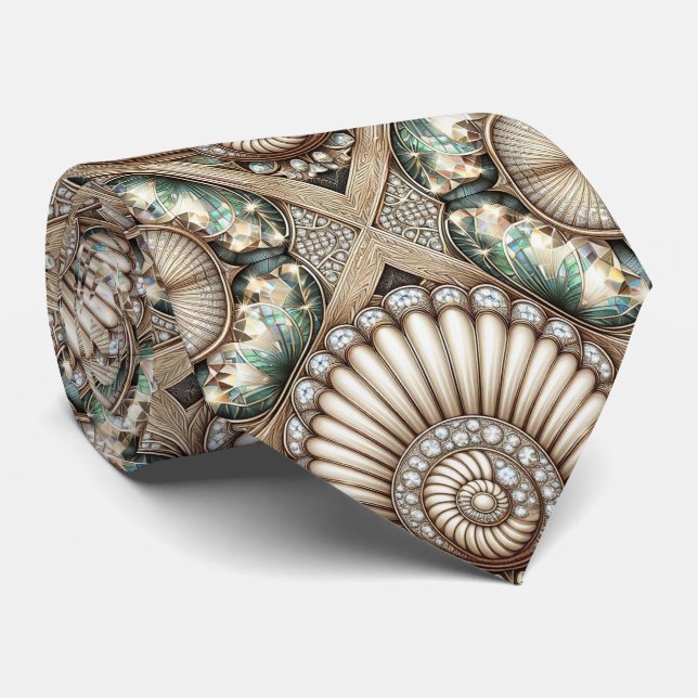 Art Deco Seashell Faux Diamond Faux Silk  Krawatte (Gerollt)